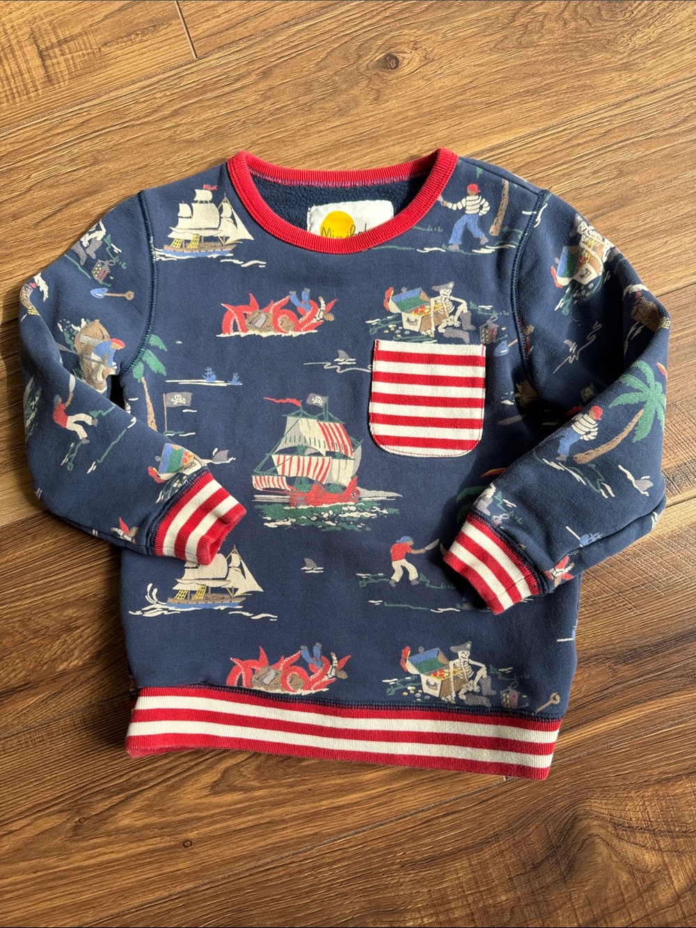EUC Mini Boden Navy Pirate Ship Pocket Sweatshirt with Red Trim - Kids
